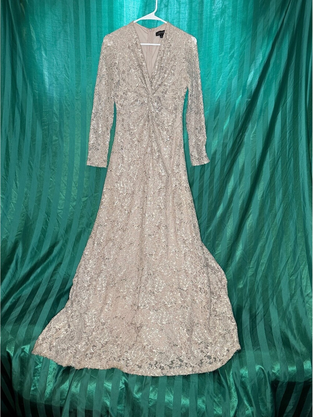 Tahari Arthur S. Levine Beige Sequin Lace Evening Gown Womens Size 4 V-Neck - Picture 1 of 7